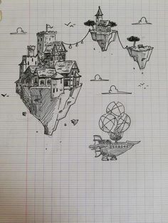 Sky Island Drawing, Floating Land Drawing, Floating Island Drawing Simple, Floating House Drawing, Fantasy Sketch Ideas, Floating Island Sketch, Floating City Drawing, Flying Island Drawing, Drawing In Class Sketch