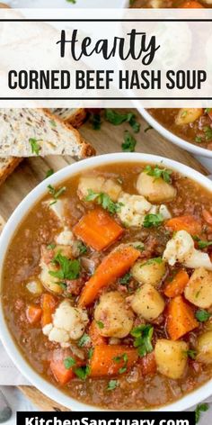 two bowls of hearty corned beef hash browns soup with bread on the side