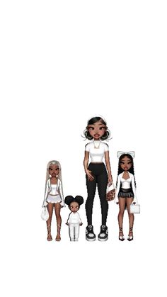 three dolls are standing next to each other in front of a white background with black hair