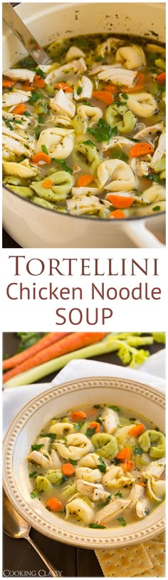 tortellini chicken noodle soup with carrots and celery