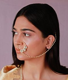 Gold Plated White And Pearl Beaded Nose Ring Riana by Shikha Jindal - Fabilicious Fashion Girls With Nose Rings, Nose Ring With Chain, Ring With Chain, Indian Theme, Beads Making, Indian Wedding Wear, Delicate Chain, Stunning Jewellery, Traditional Indian