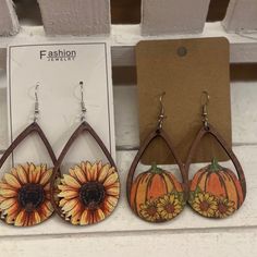 Wooden Fall Earrings 2 Pairs New Never Worn. Brown Flower Drop Earrings, Brown Flower-shaped Jewelry For Spring, Brown Flower-shaped Spring Jewelry, Brown Floral Jewelry For Spring, Laser Cut Wood Earrings, Sunflower Colors, Fall Earrings, Laser Cut Wood, Source Unknown