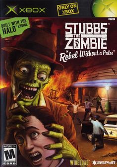 a video game cover for stubs the zombie, which features two zombies with green hands and