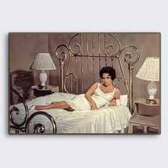 a painting of a woman laying on a bed next to a night stand and lamp