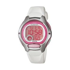 Featuring pink accents and tons of features, this women's Casio digital watch is the perfect way to add feminine style to your workout gear.FEATURES Automatic calendar: day & date 12/24-hour formats Dual time Daily alarm Hourly time signal Chronograph Stopwatch Water resistance: 50 meters CASE & DISPLAY Digital display with LED afterglow Face cover: acrylic Case: resin Caseback: stainless steel 24-mm diameter BAND Resin Strap buckle clasp Women's standard length DETAILS Quartz movement B Casio Digital, Womens Designer Watches, Casio Vintage, Digital Sports Watches, Style Sportif, Sports Watch, Cheap Fashion, Garmin Watch, G Shock