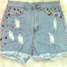 Jean Bedazzled Shorts High Waist Bottoms With Rhinestones For Night Out, High Waist Rhinestone Bottoms For Night Out, Bedazzled Denim Bottoms, Denim Bottoms With Rhinestones For Night Out, Denim Rhinestone Bottoms For Night Out, Trendy High Waist Jean Shorts For Parties, Night Out Denim Bottoms With Rhinestones, Mid-rise Bottoms With Rhinestones For Spring, Trendy Mid-rise Bottoms With Rhinestones