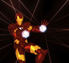 an animated iron man holding two glowing hands