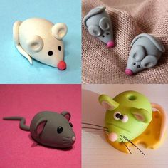 there are four different pictures of mice on the table