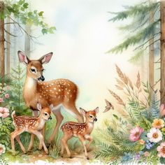 a painting of two fawns in the woods with flowers and plants around them