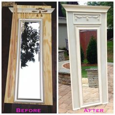 before and after pictures of an old mirror frame turned into a full length mirror with wood trim