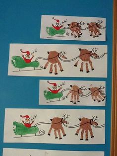 three stickers with santa riding on a sleigh and reindeers pulling him