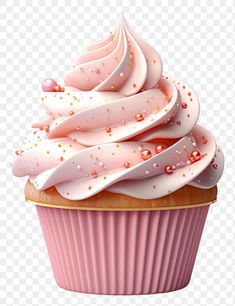 a pink cupcake with white frosting and sprinkles on the top