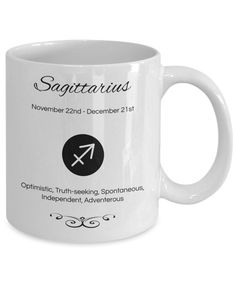 a white coffee mug with the zodiac sign sagittarius on it's side