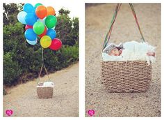 a baby sleeping in a basket with balloons attached to the handle, and an image of a person holding a balloon