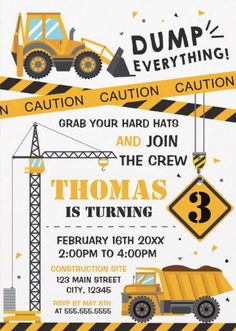 construction birthday party invitation with dump truck and crane