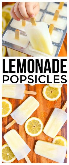 lemonade popsicles on a cutting board with text overlay