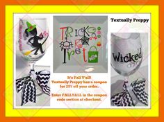 the wine glass is decorated with black and white chevrons, which reads trick or treat