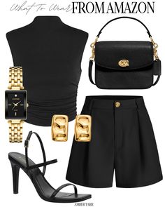 Wide Belt Outfit, Gold And Black Outfit, All Black Summer Outfits, Black Fashion Outfits, Chic Outfits Summer, Look Com Short, Looks Com Short, Look Working Girl, Styled By