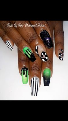 Beetlejuice Nails Art, Beetlejuice Themed Nails, Music Themed Nails, It Inspired Nails, Bettle Juice Nail