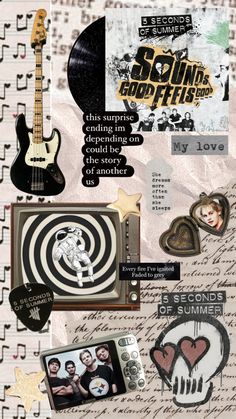 collage with various images and words on it, including an image of a guitar