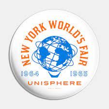 a button with the words new york world's fair in orange and blue on it