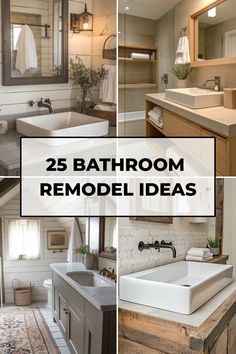 Collage of stylish bathroom interiors highlighting modern, rustic, and elegant design ideas with the text "25 Bathroom Remodel Ideas". Small Bathroom Update Ideas, Update Small Bathroom, Affordable Bathroom Remodel, Easy Bathroom Updates, Small Full Bathroom, Bold Tile, Cheap Bathroom Remodel, Bathroom Remodel On A Budget, Bathroom Remodel Pictures