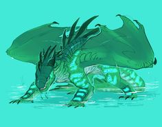 a green and blue dragon sitting on top of a body of water next to another creature