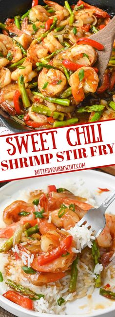 Sweet chili shrimp stir fry in a skillet and on a plate with coconut rice. Shrimp Ideas, Shrimp Stir Fry Recipe, Hand Ref, Fry Shrimp, Sweet Chili Shrimp, Easy Drawing Step By Step, Sweet Shrimp, Chili Shrimp, Aphrodisiac Foods