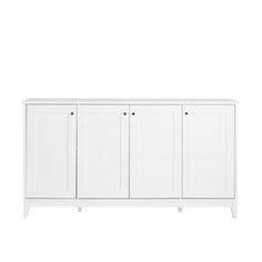 a white cabinet with four doors and two drawers on one side, in front of a white background