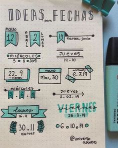 a notebook with some writing on it next to a pen and marker, which is also labeled idreas fechas