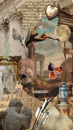 an artistic collage with many different things in the background, including paintings and sculptures