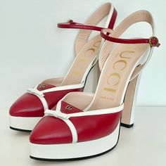 These Gucci Alison Sandals In Red And White Leather Feature Small Bow Details, Antique Gold-Tone Gg Logos, And A Subtle Platform. These Pointed-Toe Shoes Are A Women's Size 39 (Us 9) And Feature A 4.5” Heel. Red And White Shoes, Eah Oc, Shoes Gucci, Small Bows, Pointed Toe Shoes, Toe Shoes, Gucci Shoes, Platform Pumps, White Shoes