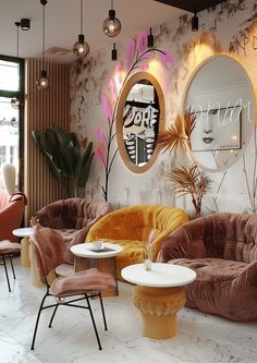 a living room filled with lots of furniture next to a wall covered in mirrors and plants