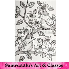 a drawing of two birds sitting on a tree branch with flowers and leaves in the background