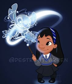 a cartoon character holding a wand with an angel on it's head and glowing in the background