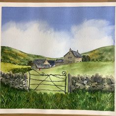 a watercolor painting of a farm with a gate in the foreground and a stone wall to the right