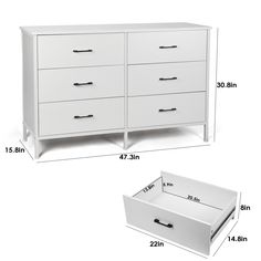 a white dresser with drawers and measurements for the top drawer, bottom drawer and bottom drawer