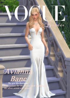 a woman in a white dress on the cover of a magazine with stairs and bushes behind her