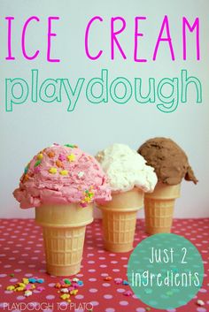 ice cream playdough just 2 ingredients are on the table with pink polka dots