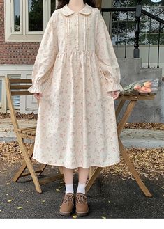 Nectarine Cotton Cottagecore Floral Dress Vintage Cottagecore Dress Casual, Floral Winter Outfit, Cotton Long Dress Designs, Japanese Cottagecore Fashion, Dress Patterns Cotton, Modest Clothes For Women, Cotton Dress Designs Patterns, Korean Cute Dress, Cute Long Skirt Outfits