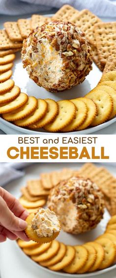 cheese ball on a plate with crackers in the foreground and an image of pretzel