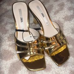 Size 39, Brand New, Metallic Gold Low Heel Very Comfortable Elegant Gold Heels By Zara, Elegant Gold Zara Heels, Zara Gold Heels For Evening, Chic Gold Zara Heels, Zara Gold Open Toe Heels, Zara Gold Heels For Summer, Zara Gold Heels For Formal Occasions, Dad Sandals, Zara Sandals