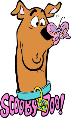 a cartoon dog with a butterfly in its mouth and the words scooby too