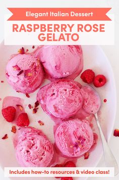 raspberry rose gelato on a white plate