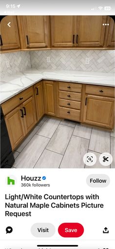 a kitchen with white countertops and wooden cabinets on the bottom right hand corner is an instagram post that reads light / white countertops with natural maple cabinets picture request request request