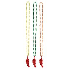 three necklaces with red peppers hanging from it's sides and green beads on each side