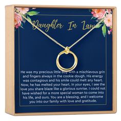 daughter in law necklace with flowered frame and engraving on the front, gold plated