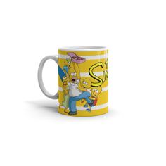 a yellow mug with the simpsons characters on it, sitting in front of a white background