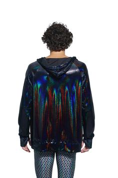 Our Panther Hoodie can be completely stealth or the life of the party all depending what light you're in. It appears black until the light hits it and then the rainbow of colors display! This holographic velvet is thick enough to keep you warm and sleek enough to feel great with little underneath. Limited edition fabric. When it's gone, it's gone forever! Features include: Thumbhole cuffs, front pockets, zip front, drawstring hoodie and a relaxed fit Size: Available from XXS-XL Size Notes: Runs Disco Style Winter Festival Outerwear, Winter Festival Disco Outerwear, Rave Long Sleeve Outerwear For Fall, Fall Rave Outerwear With Long Sleeves, Fall Rave Long Sleeve Outerwear, Rainbow Coat, Holographic Jacket, Avant Garden, Festival Outfits Men