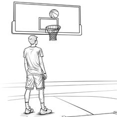 Basketball player taking a shot (free printable PDF black-and-white line drawing idea suitable for all, from beginners to advanced learners, including children, teens, adults, and seniors) Basketball Pose, Magazine Moodboard, Weird Drawings, Easy Mandala Drawing, Coffee Drawing, Simple Mandala